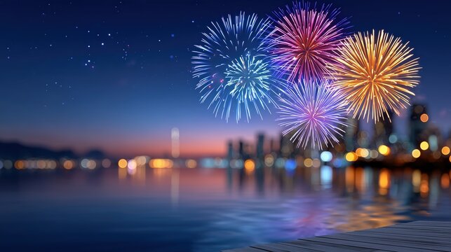 Colorful fireworks illuminate the night sky over a city skyline with water reflections