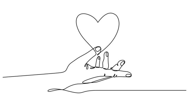 Animated self drawing of continuous line draw. hands holding heart. Charity donation linear concept animation