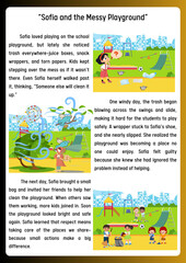 Children's story illustration of kids cleaning a park playground, promoting teamwork and environmental responsibility
