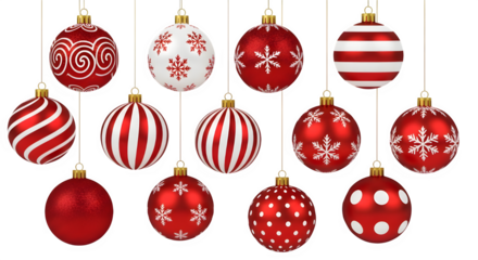 Collection of hanging red and white christmas ornament baubles isolated on transparent background