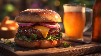Juicy Gourmet Burger with Beer and Fries in Natural Light