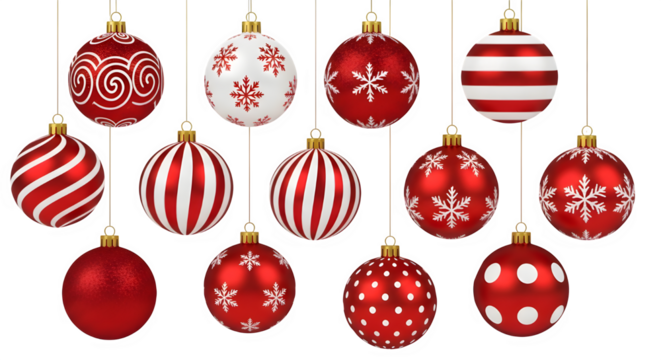 Collection of hanging red and white christmas ornament baubles isolated on transparent background