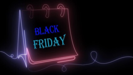 Neon Black Friday Sale Calendar Concept with Glowing Light Design. Futuristic Shopping Discount Event Poster, Promotion Banner, Marketing Template and Retail Advertising Artwork.