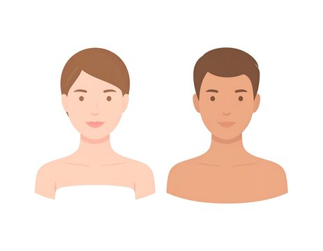 Illustration of two figures, one female and one male, rendered in a minimalist style. Each features smooth skin and simplified facial features