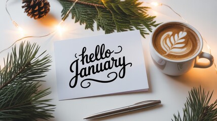 Hello january card with coffee, pine cones and lights isolated on white background