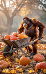 Naklejka premium Adorable orangutan pushing wheelbarrow full of pumpkins through colorful autumn leaves, creating a whimsical fall harvest scene with a touch of fantasy