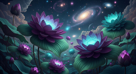 Cosmic Luminous Floral 3D Mural with Starry Night Sky Background, 3D Floral Wallpaper, Decorative Wall Mural, Mural Background.