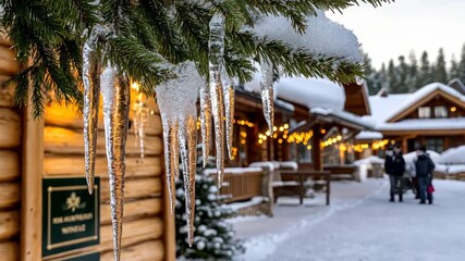 Cozy wooden structures adorned with lights illuminate a snowy path, creating a charming winter atmosphere as visitors stroll by