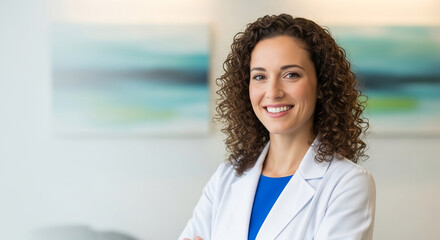 Smiling woman with curly brown hair and white lab coat. Concept of confidence and professionalism, representative of healthcare or business setting