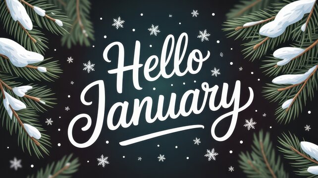 Hello january lettering on dark background with fir branches and snow