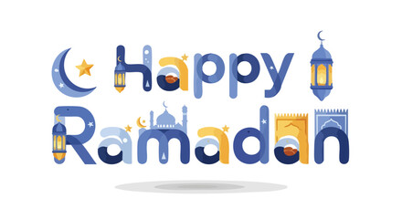 Festive illustration featuring "Happy Ramadan" greeting, adorned with symbolic crescent, star, lantern, and mosque imagery for holy celebration