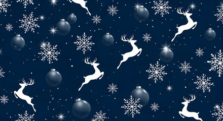 Seamless dark blue winter pattern with white reindeer, snowflake, and ornament