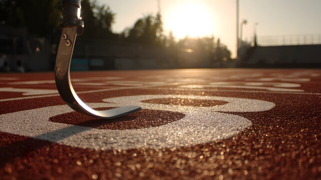 Inspiring image of a running blade on a track at sunset, promoting inclusivity and resilience for athletes overcoming challenges and achieving goals - Powered by Adobe