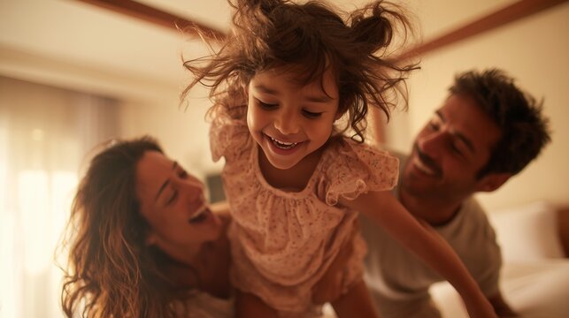 A young girl is being joyfully lifted by her smiling father as her mother supports her from below in their bright bedroom. This playful moment highlights a warm family bond during