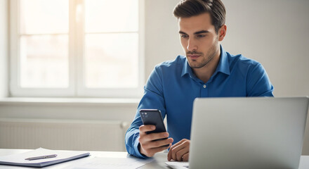 Man using phone and laptop at desk. Represents modern communication, technology and productivity, perfect for business and remote work concepts.