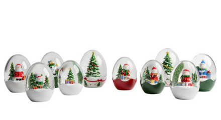 Collection of festive eggshaped christmas snow globes on transparent background