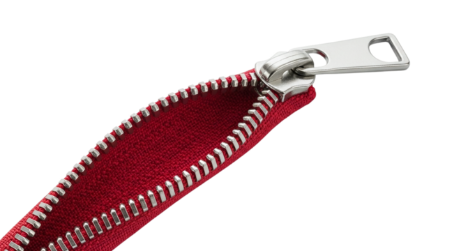 Closeup of a red zipper with a metal slider, a common fastener for clothing and bags, showcasing its functionality