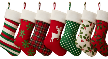 Collection of seven assorted christmas holiday stockings isolated on transparent background
