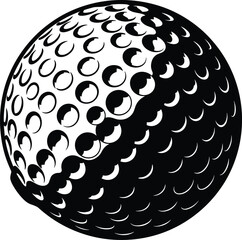 Flat vector black and white golf ball illustration, sports equipment, dimple texture, minimal design, realistic shading, athletic graphic icon