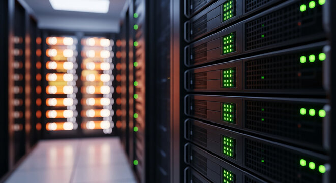 Close-up of server rack with green lights on, representing data center. Concept of computer network, internet hosting, cloud computing and technology infrastructure - Powered by Adobe
