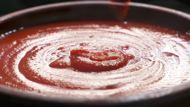 Close-up of rich red sauce swirling smoothly in a bowl, glossy texture catching the light as it pours, creating a vibrant and appetizing food moment.