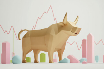 Golden bull statue with financial market chart background, representing growth. a golden bull statue set against a financial market chart, symbolizing market growth and investment.