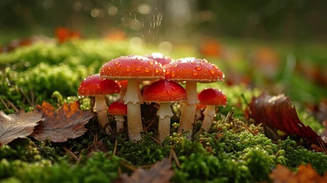 A close up exploration of a vibrant mushroom's unique textures and intricate cap patterns, highlighting its natural beauty within a forest ecosystem. macro perspective
