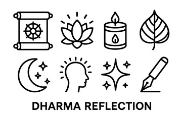 Dharma Icons in Moonlight. Dharma Reflection linear icon set. scripture roll, lotus, candle jar, Bodhi leaf, moonlight, aura, sparkle, pen