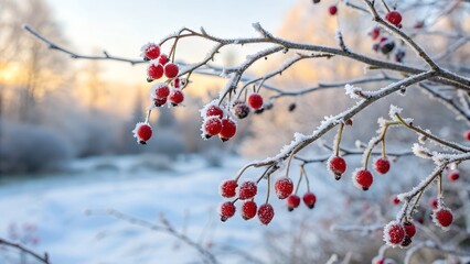 Winter Frost on Red Berries in Snowy Nature Landscape