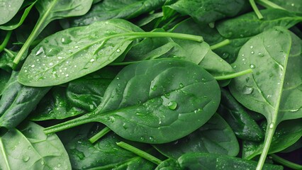 Background from fresh green spinach leaves with water drops. Texture of raw organic baby spinach close up. Food background