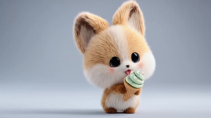 Fluffy, animated creature with cream and tan fur, holding a mint green ice cream cone on a grey gradient background. Sweet, large eyes and a small mouth complete the look - Powered by Adobe