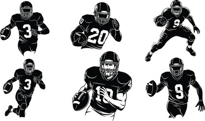 American football player silhouettes, action poses, ball handling, running, throwing, athletic motion, sports icon set, black illustration © Hello World