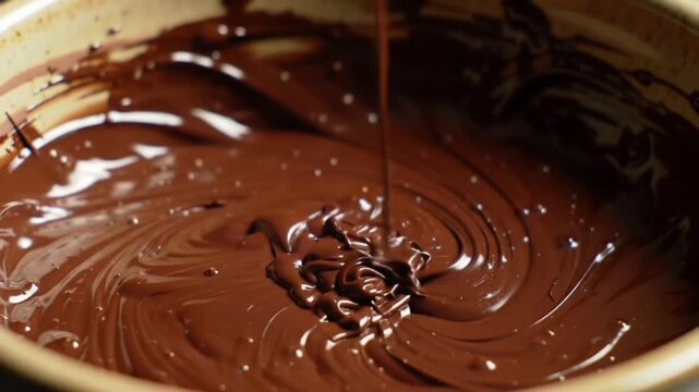 Rich melted chocolate being poured into a bowl, forming smooth swirls and glossy texture, capturing the delicious and indulgent essence of dessert preparation.
