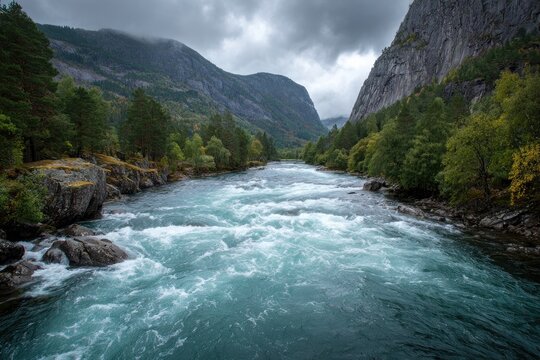 Fast-flowing river in a mountain valley - Powered by Adobe