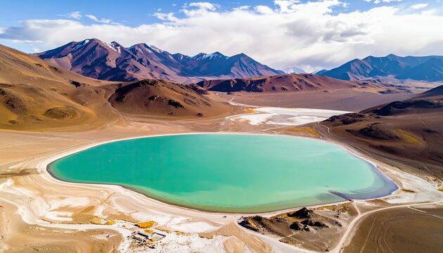 An aerial view of a stunning turquoise lake nestled in a vast, arid mountain landscape with dry, sandy shores and distant snow-capped peaks.