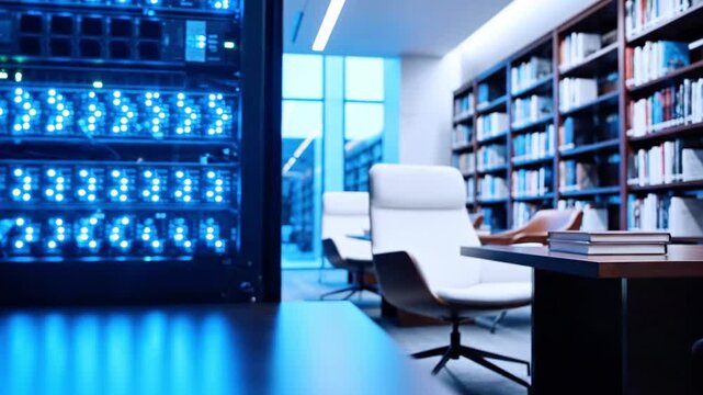 A data server rack glows with blue lights, with a library in the background