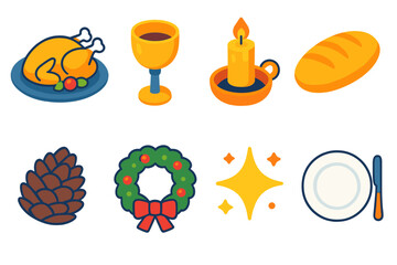 Winter Feast Icons. Winter Feast flat icons set. roast dinner, goblet, candlelight, bread loaf, pinecone, wreath, sparkle, plate
