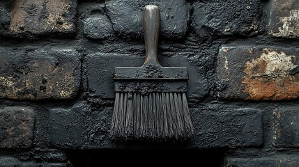 Paintbrush on brick wall with renovation.