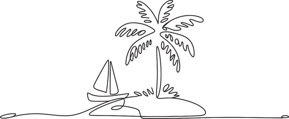 Minimalist one line art of a tropical island with a vibrant palm tree and a sleek sailboat, embodying summer freedom and peaceful escape.