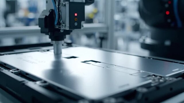 A robotic arm with machinery precision performs automated tasks on a shiny metal surface in a factory