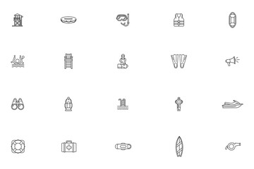 Lifeguard and beach safety line icon set featuring water rescue, swimming equipment and surveillance symbols