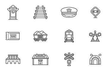 Railway and train transport line icon set including station, track, locomotive and ticket vector symbols