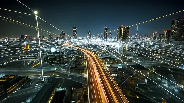 Vibrant city skyline at night with light trails from vehicles and glowing skyscrapers in the background - Powered by Adobe