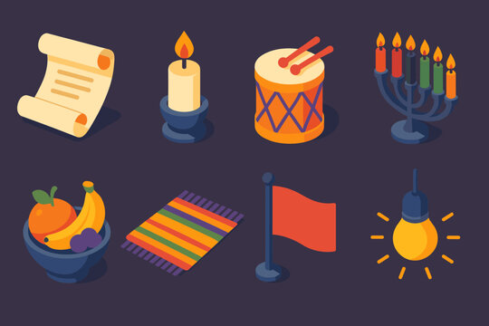 Vibrant Story Icons. Evening of Stories flat icons set. open scroll, candle, drum, kinara, fruit, mat, flag, light
