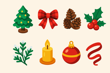 Festive Tabletop Icons. Festive Tabletop Tree flat icons set. mini tree, plaid bow, pinecones, holly berries, snow-dusted branches, candlelight, ornament, ribbon swirl
