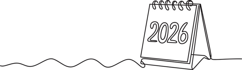 Continuous line drawing of a 2026 desk calendar. minimalist single line art concept of time, planning, and new year dates.