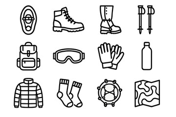 Winter Gear Essentials. Gear Essentials linear icon set. snowshoes, boots, gaiters, poles, backpack, goggles, gloves, water bottle, thermal jacket, socks, traction spikes, map