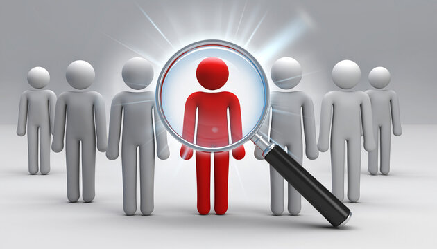 Find the best candidate with a magnifying glass, highlighting the perfect fit in red among gray figures, ideal for recruitment and talent acquisition themes