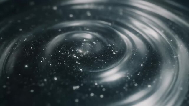 Abstract video background of dark metallic liquid with glitter particles creating concentric ripples and futuristic technology waves
