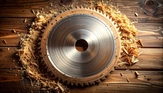Top-down shot of a large, circular saw blade, surrounded by wood shavings, resting on a polished, wooden surface
